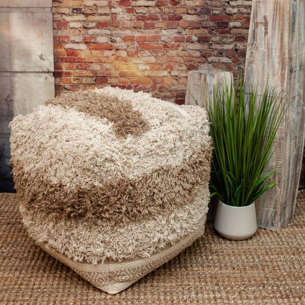 Jordan 18 in. D x 18 in. H x 18 W Boho Shaggy Khaki Textured Cotton Pouf by HomeRoots 4 Jordan 18 in. D x 18 in. H x 18 W Boho Shaggy Khaki Textured Cotton Pouf by HomeRoots - Image 4