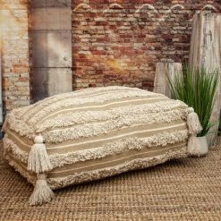 Jordan 12 in. D x 36 in. H x 24 W Camel Fringe Striped Cotton Pouf by HomeRoots -HomeRoots Sales beige and brown homeroots ottomans 2000383107 31 1000