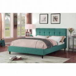 Caroline Blue Queen Bed with Upholstered Headboard by HomeRoots -HomeRoots Sales blue homeroots platform beds 303546 31 1000