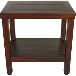 Caroline Brown 18 in. x 13 in. x 18 in. Compact Teak Shower or Outdoor Bench with Shelf by HomeRoots -HomeRoots Sales brown finish homeroots dining benches 2000376666 31 1000