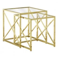 Jasmine 38 in. Gold/Clear Metal and Tempered Glass Nesting Table Set (Set of 2) by HomeRoots