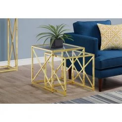 Jasmine 38 in. Gold/Clear Metal and Tempered Glass Nesting Table Set (Set of 2) by HomeRoots -HomeRoots Sales gold clear homeroots end side tables 333201 76 1000