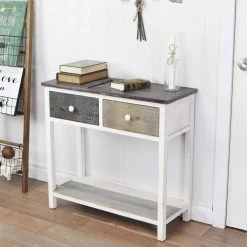 Distressed Gray and White Table with 2 Drawers and Bottom Shelf by HomeRoots -HomeRoots Sales gray homeroots end side tables 2000379821 31 1000