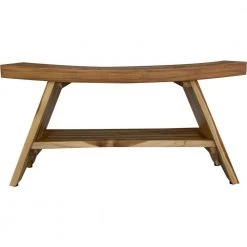 Caroline Natural Compact Curvilinear Teak Shower Outdoor Bench with Shelf 19 in. x 14 in. x 35 in. by HomeRoots
