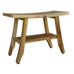 Caroline Natural Compact Teak Shower Outdoor Bench with Shelf 18 in. x 14 in. x 24 in. by HomeRoots -HomeRoots Sales natural wood finish homeroots dining benches 2000376742 31 1000