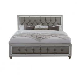 Charlie Silver Queen Panel Bed with Padded Footboard Mirror Trim Accents by HomeRoots