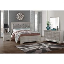 Charlie Silver Full Panel Bed with Line Headboard and Footboard by HomeRoots -HomeRoots Sales silver homeroots panel beds 383868 31 1000