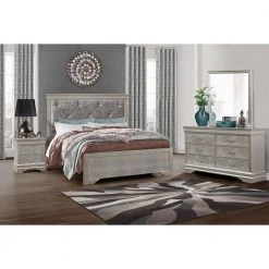 Charlie Silver Queen Panel Bed with Line Headboard and Footboard by HomeRoots -HomeRoots Sales silver homeroots panel beds 383869 31 1000