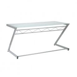 Amelia 61 in. Rectangular Silver Glass Writing Desk with Glass Top by HomeRoots -HomeRoots Sales silver homeroots writing desks 2000400746 77 1000