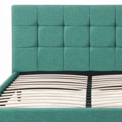 Eastern King Blue Modern Upholstered Square Stitched Platform Bed by HomeRoots -HomeRoots Sales teal homeroots platform beds 303548 1f 1000
