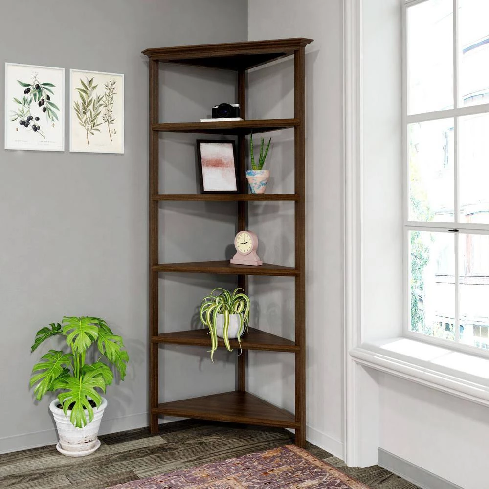 Amelia 74.75 in. Walnut Wood 5-Shelf Accent Bookcase by HomeRoots 4 Amelia 74.75 in. Walnut Wood 5-Shelf Accent Bookcase by HomeRoots - Image 4