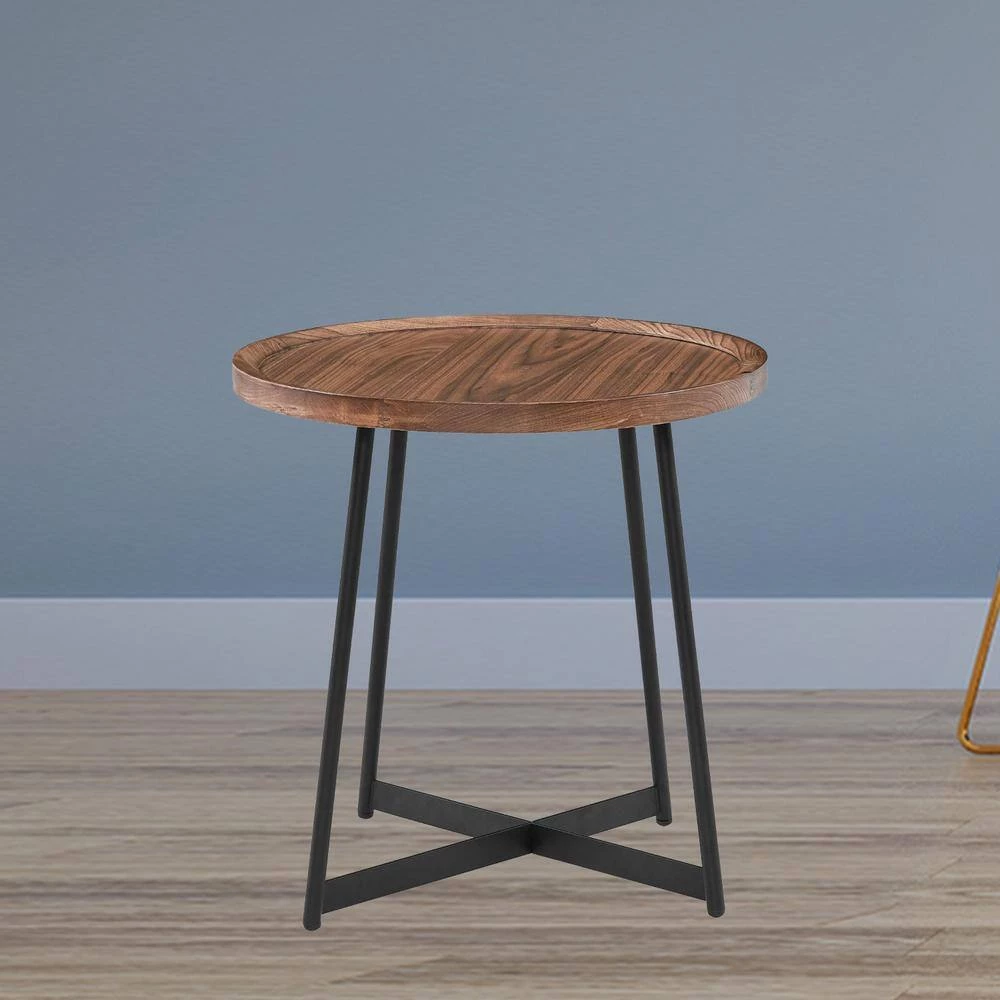 Amelia 22.05 in. Walnut Round Side Table in American Walnut and Black End Table by HomeRoots 2 Amelia 22.05 in. Walnut Round Side Table in American Walnut and Black End Table by HomeRoots - Image 2