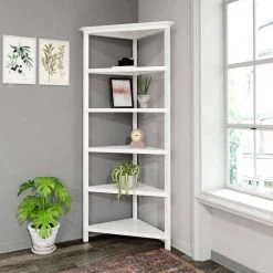 Amelia 74.75 in. White Wood 5-Shelf Accent Bookcase by HomeRoots -HomeRoots Sales white homeroots bookcases bookshelves 2000399763 c3 1000
