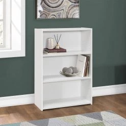 35.5 in. Jasmine White Particle Board 3-Shelf Bookcase by HomeRoots -HomeRoots Sales white homeroots bookcases bookshelves 355732 31 1000