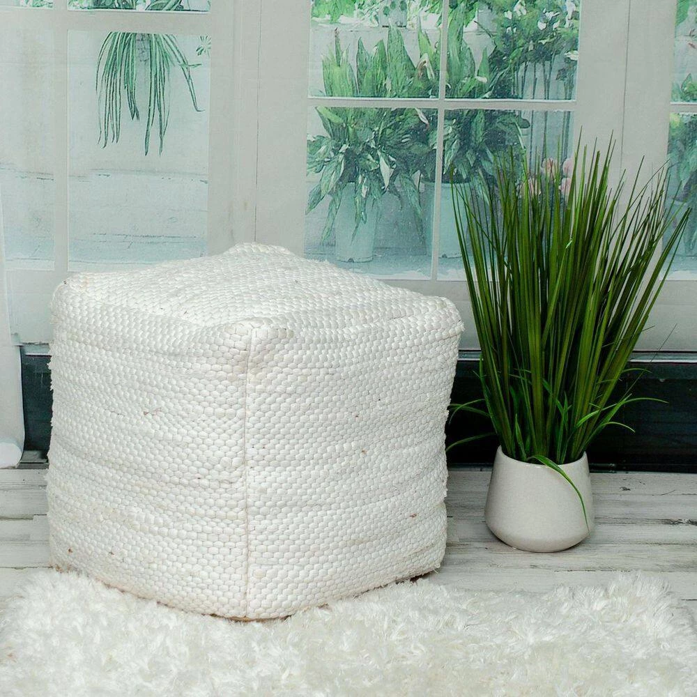 Jordan 16 in. D x 16 in. H x 16 W Chic Chunky White Textured Cotton Pouf by HomeRoots 2 Jordan 16 in. D x 16 in. H x 16 W Chic Chunky White Textured Cotton Pouf by HomeRoots - Image 2